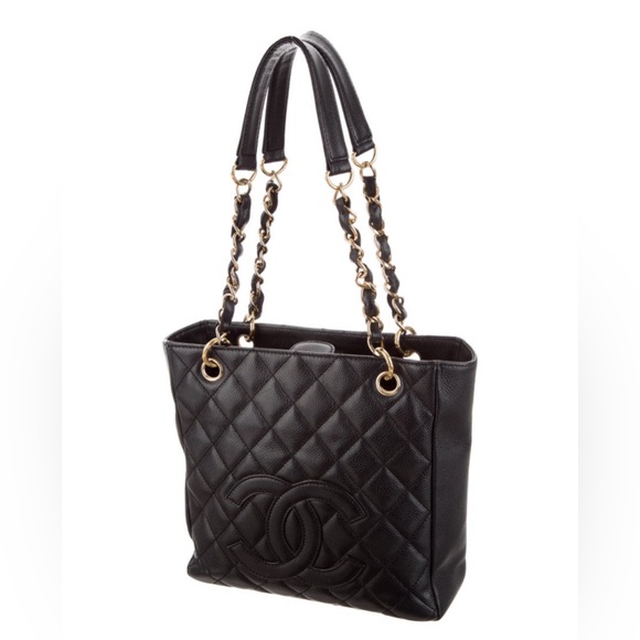 CHANEL Handbags - CHANEL Black Quilted Leather Tote with Gold Chain Straps